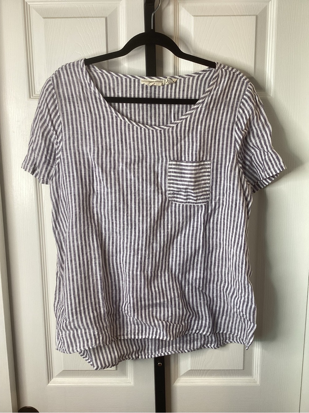 Christian Siriano Blue & White Striped Short-Sleeve Linen Blouse, size Medium